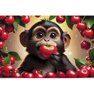 Diamond Painting Affe mit Kirschen - 210 Farben- 120cm x 80cm Eckige Harz Steine